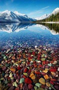 Pebble shore lake, glacier national park, montana
