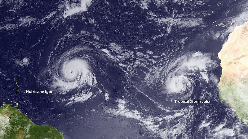 Hurricane igor and tropical storm julia showing fujiwhara effect interaction
