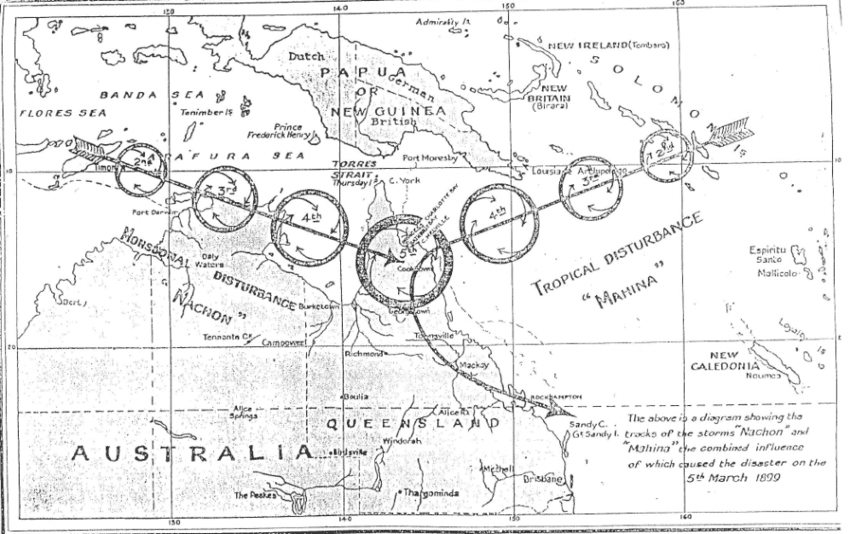 Map showing the path of cyclone mahina the category storm that caused the