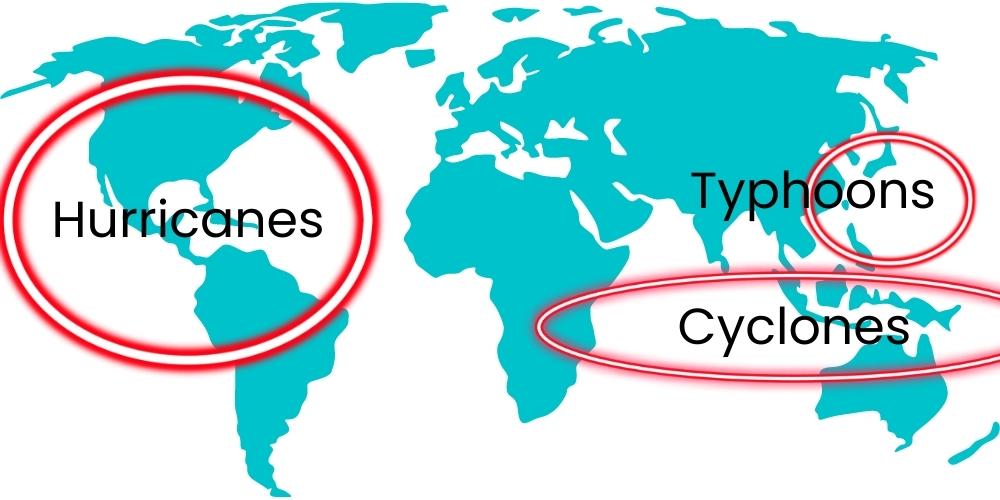 Cyclone hurricanes typhoons devlopment locations world map
