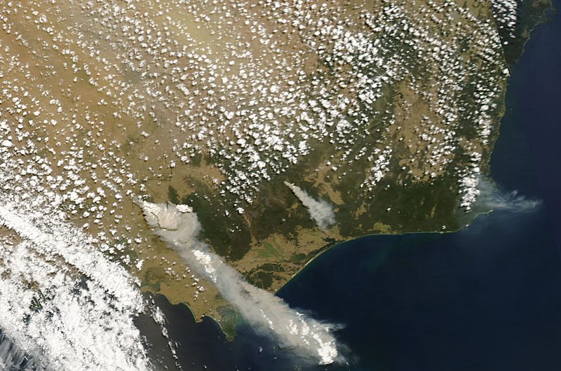 February modis aqua satellite image of smoke plumes from bushfires burning in victoria