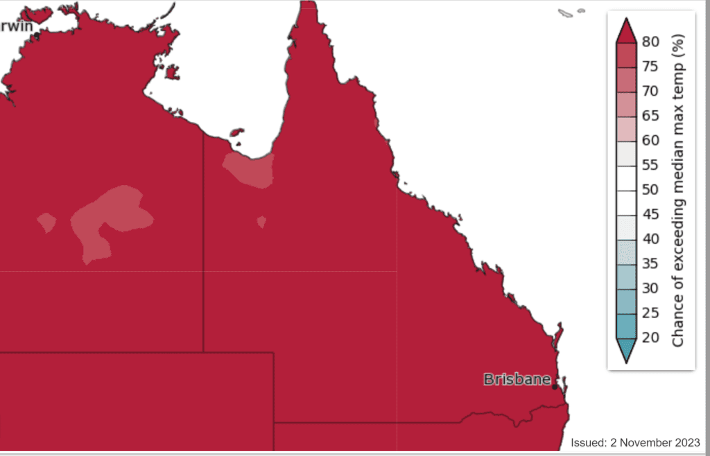 Max Temperature Outlook QLD The chance of above median max temperature for November - January 2023 - 2024